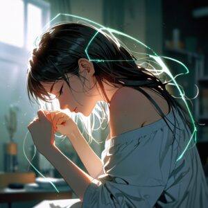 Mujer con expresión de introspección y sufrimiento leve, rodeada de hilos de energía luminosa que representan su sistema inmunológico atacando su propio cuerpo