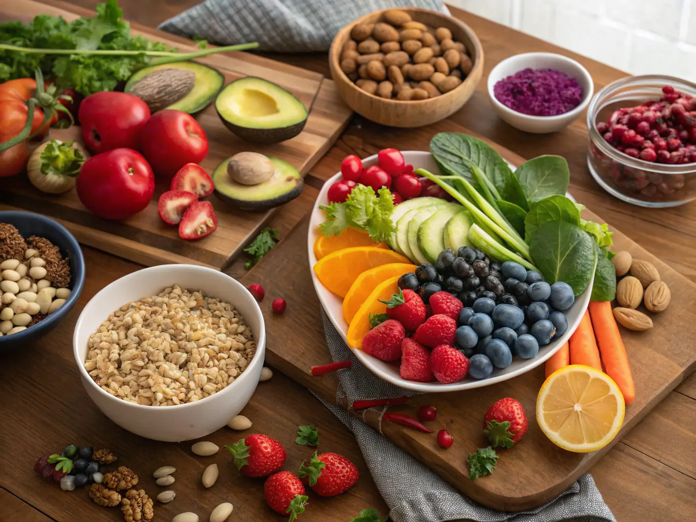 Frutas frescas, verduras crudas y frutos secos dispuestos sobre una mesa como parte de una dieta de crudoterapia antiinflamatoria.